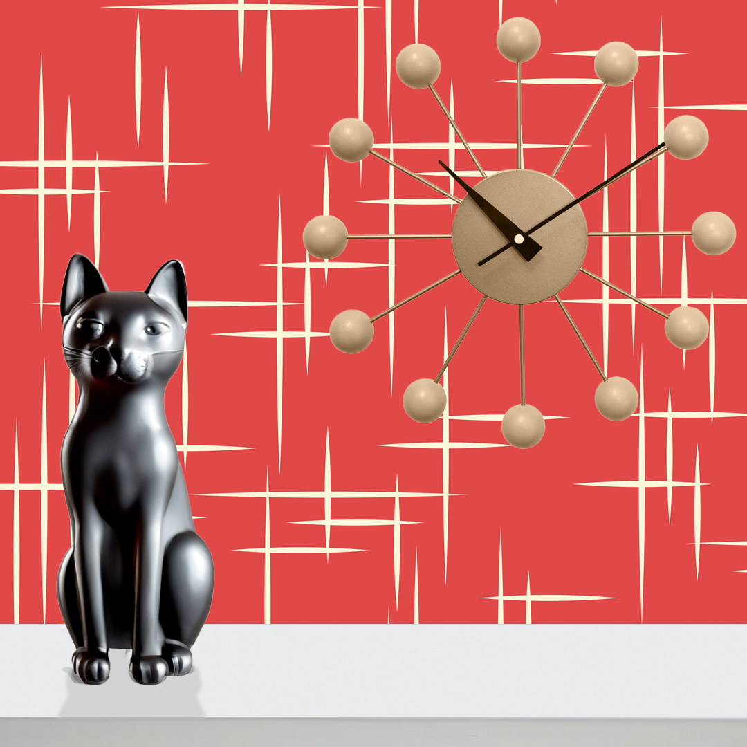 The artwork consists of a red square background with a repeating pattern of starburst shapes created by intersecting elongated lines. These lines are light-colored, contrasting sharply against the red background. The lines form multiple four-pointed stars with varying lengths and thicknesses, radiating outward in a geometric arrangement. The composition presents a clean, mid-century modern aesthetic, emphasizing simplicity and bold contrasts.